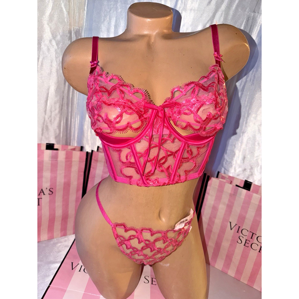 Victorias Secret Corset Bra Top & Thong Set Large Pink Hearts